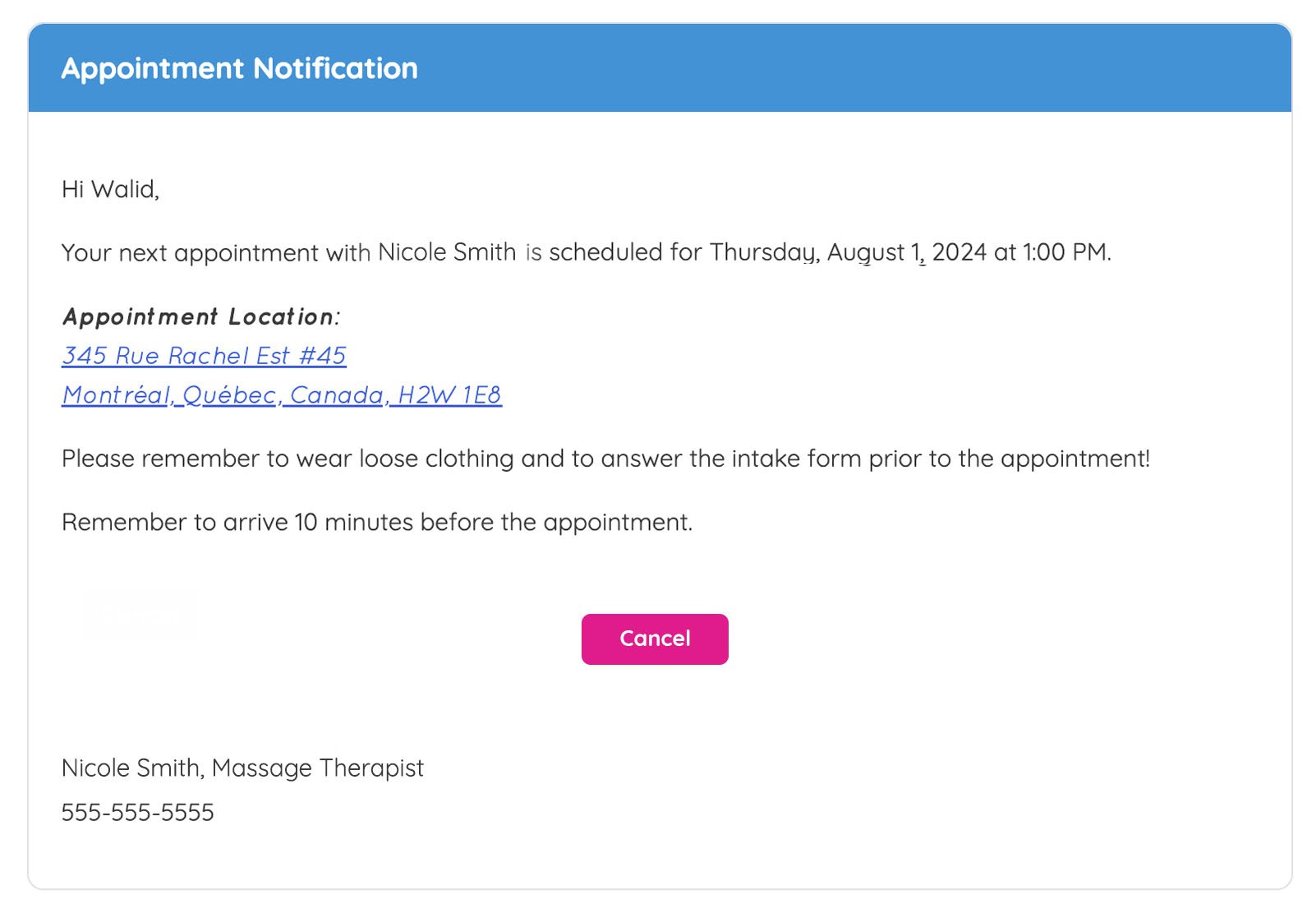 The confirmation email recieved by a client after booking an appointment on GOrendezvous